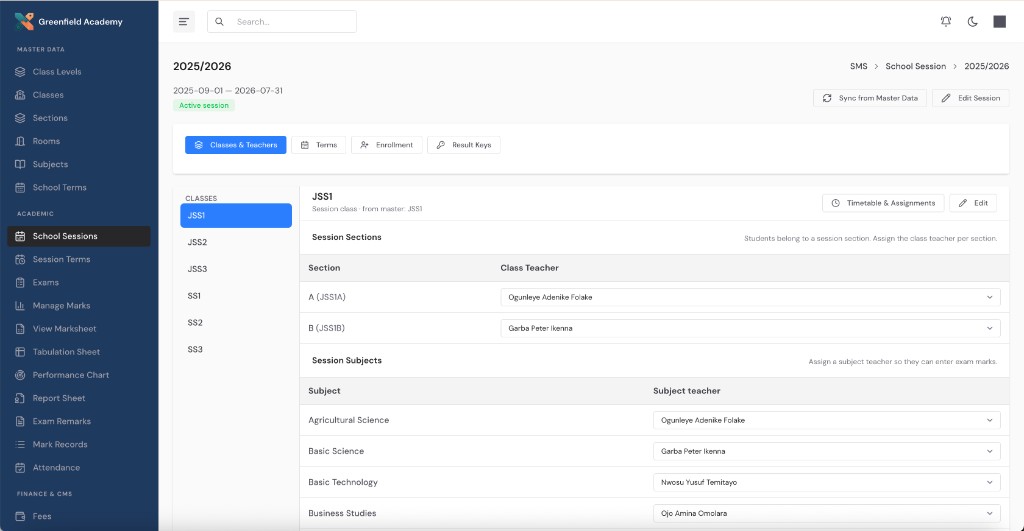 SchoolManager session management dashboard